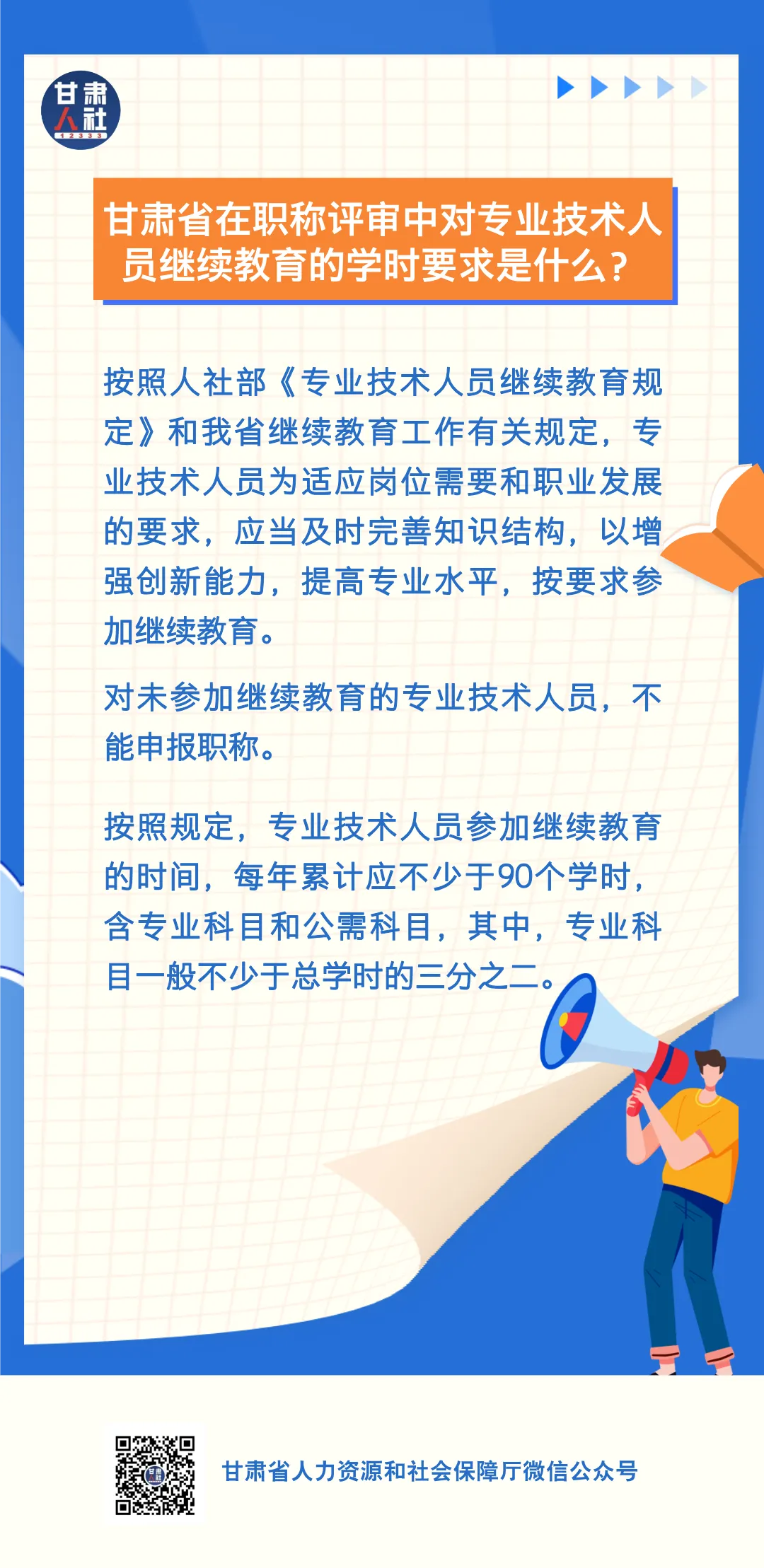 甘肃省在职称评审中对专业技术人员继续教育的学时要求是什么？
