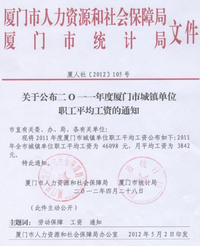 关于公布2011年度厦门市城镇单位职工平均工资的通知